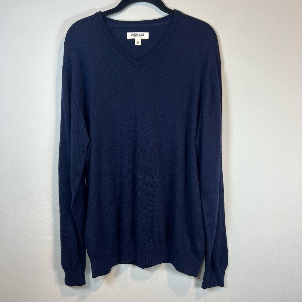 Goodthreads 100% Merino Wool V-Neck Sweater Navy Blue Lightweight Preppy Warm XL